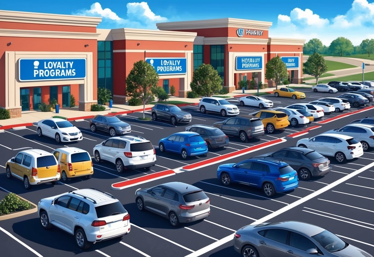 A row of parking lots with various vehicles parked, surrounded by buildings and signs advertising loyalty programs