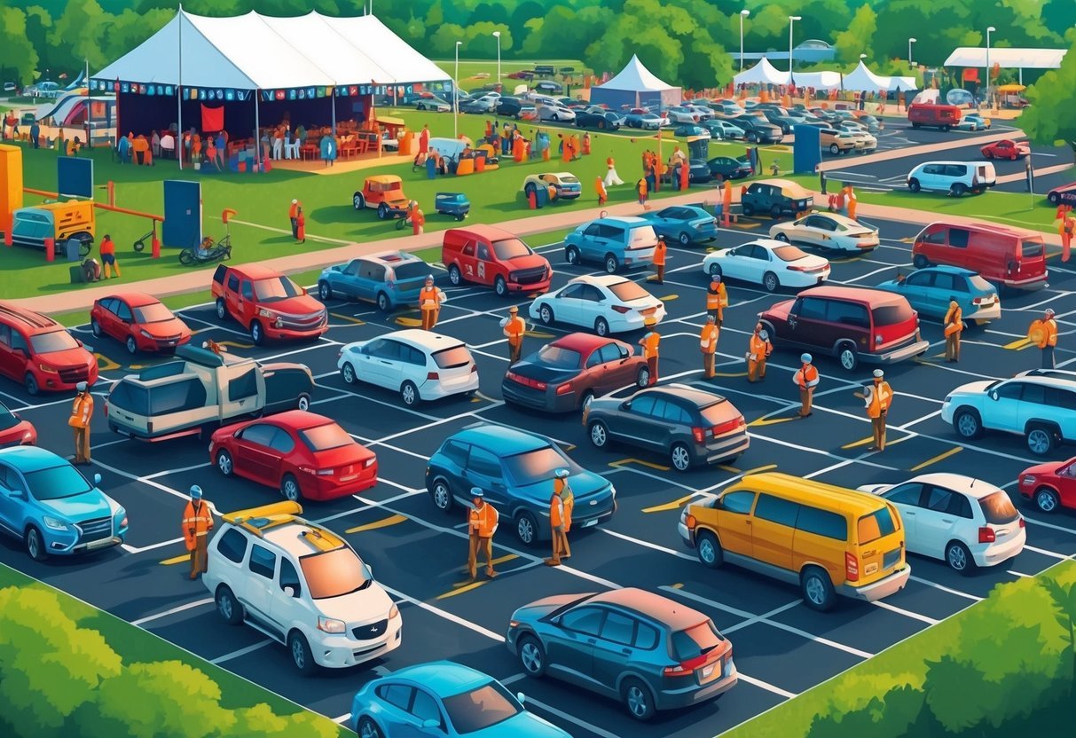 A bustling concert and festival parking lot with various vehicles and attendants