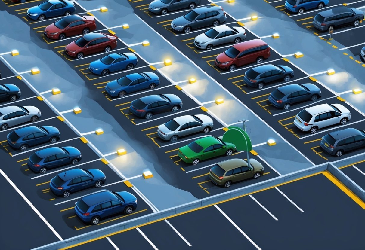 A parking lot with multiple vehicles parked in designated spaces, with clear signage and lighting for easy navigation and security