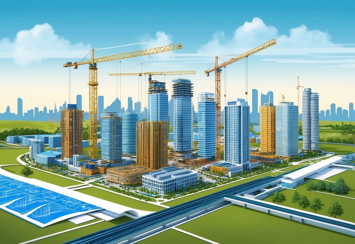 A city skyline with various buildings under construction, surrounded by green spaces and infrastructure, with a focus on architectural blueprints and investment charts