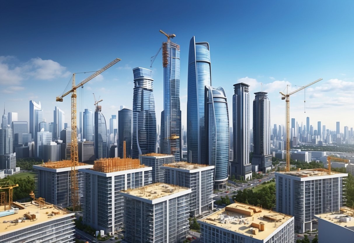 A city skyline with various construction sites in progress, showcasing modern high-rise buildings and architectural plans