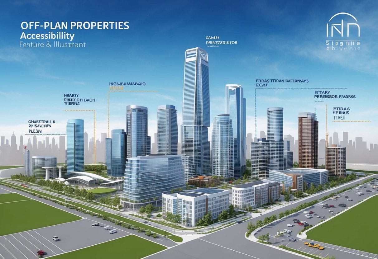 A modern city skyline with various off-plan properties, showcasing different accessibility features such as nearby public transportation, parking, and pedestrian pathways