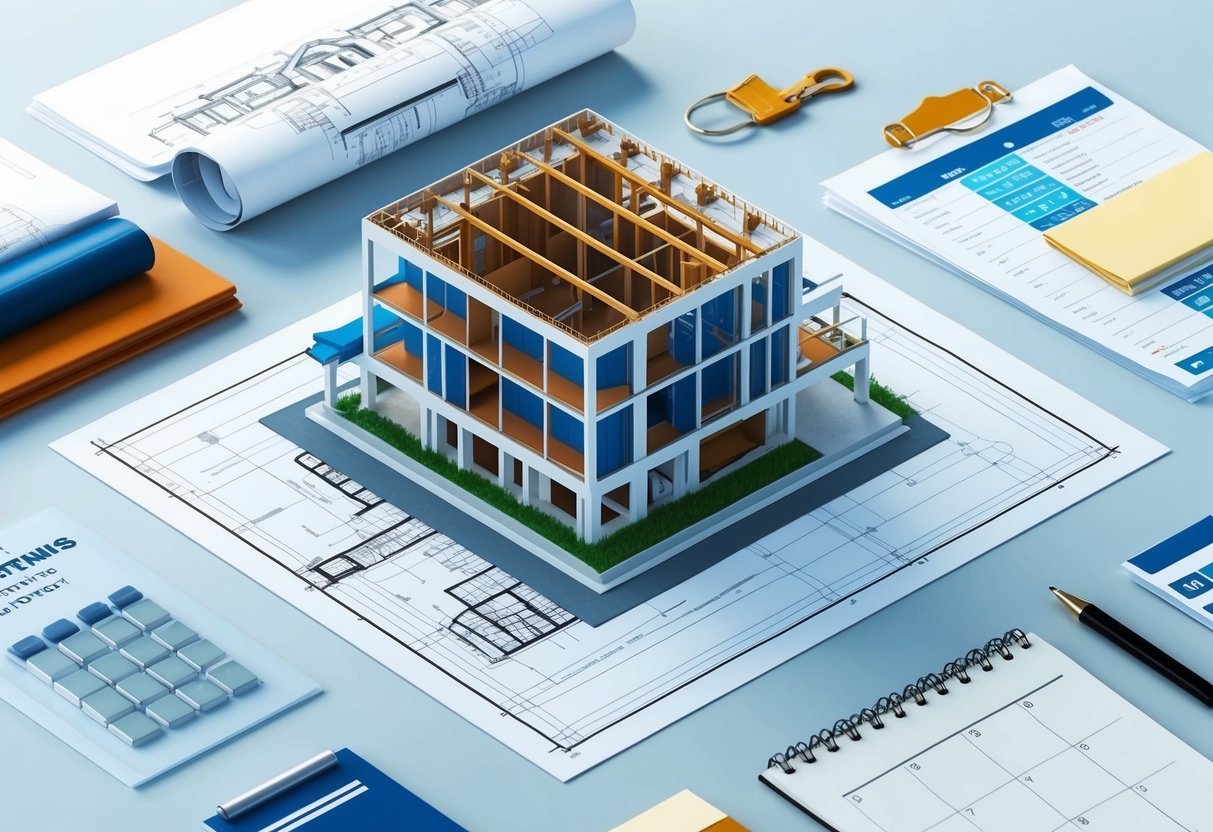 A blueprint of a building under construction, surrounded by architectural plans, financial documents, a calendar, and a checklist