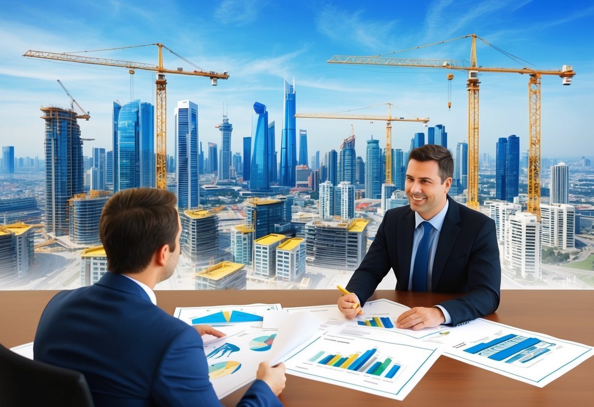 A bustling city skyline with construction cranes and architectural blueprints scattered around a real estate agent discussing off-plan property investments with a potential buyer