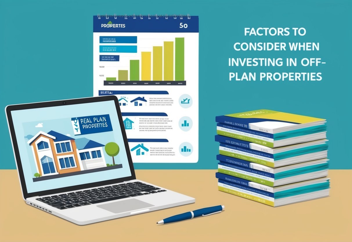 A desk with a laptop, notebook, and pen.</p><p>A chart showing factors to consider when investing in off-plan properties.</p><p>A stack of real estate brochures