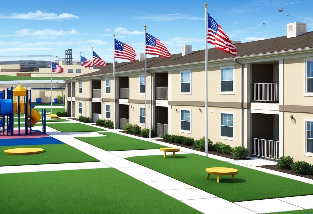 Apartment complex with American flags, playground, and green lawns