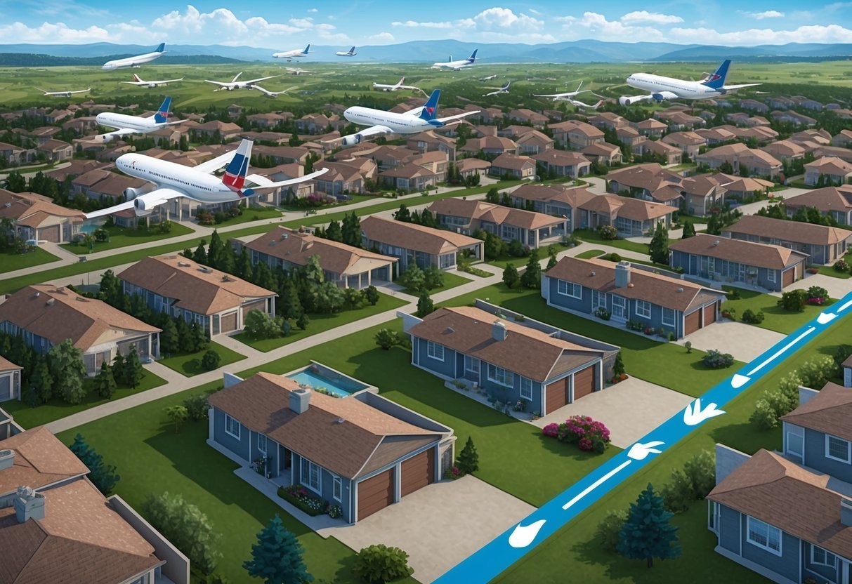 Airplanes flying over a suburban neighborhood with a blue water flow