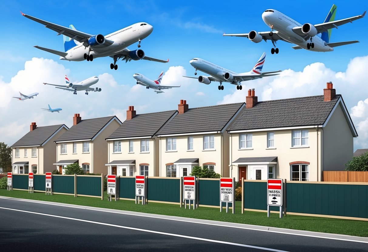 A row of houses near a busy airport, with planes constantly taking off and landing.</p><p>The properties are surrounded by noise barriers and signs warning of potential noise pollution