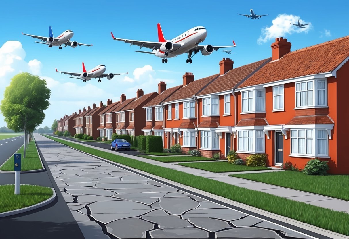 A row of houses near an airport, with planes flying low overhead.</p><p>Cracked pavement and noise pollution evident