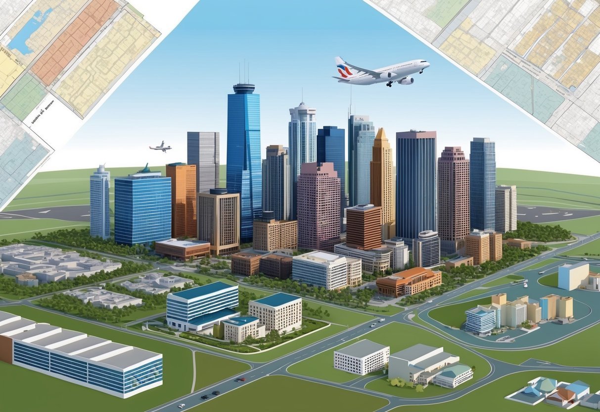 A city skyline with various types of buildings, some close to an airport, surrounded by zoning maps and regulations