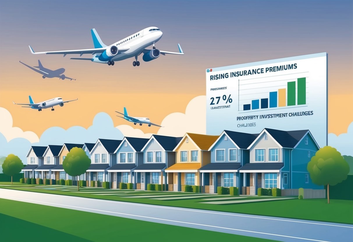 A row of houses near an airport with planes flying overhead, while a chart showing rising insurance premiums and property investment challenges looms in the background