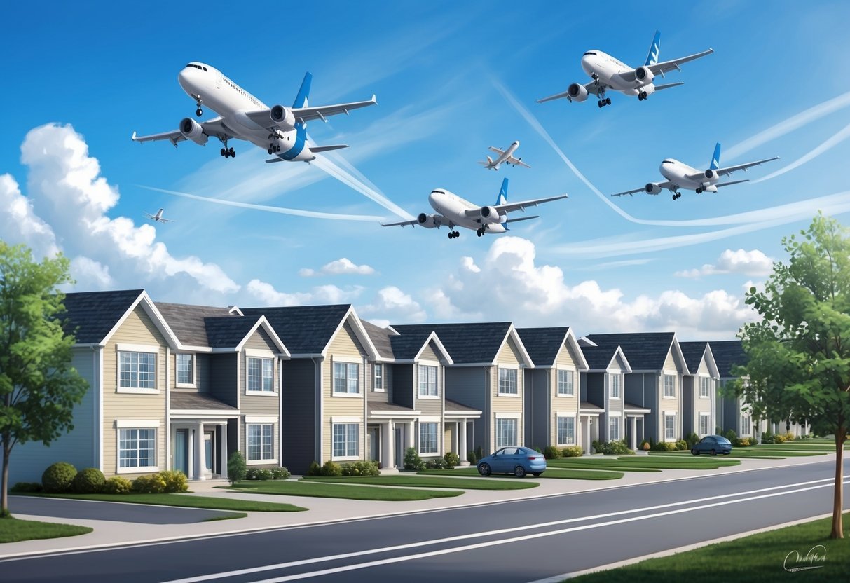 A row of residential properties near an airport, with planes taking off and landing in the background.</p><p>Noise and air pollution are evident, but convenient access to transportation is a key selling point