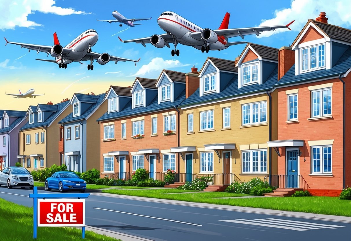 A row of houses near an airport, with planes taking off and landing in the background.</p><p>Some houses have "For Sale" signs