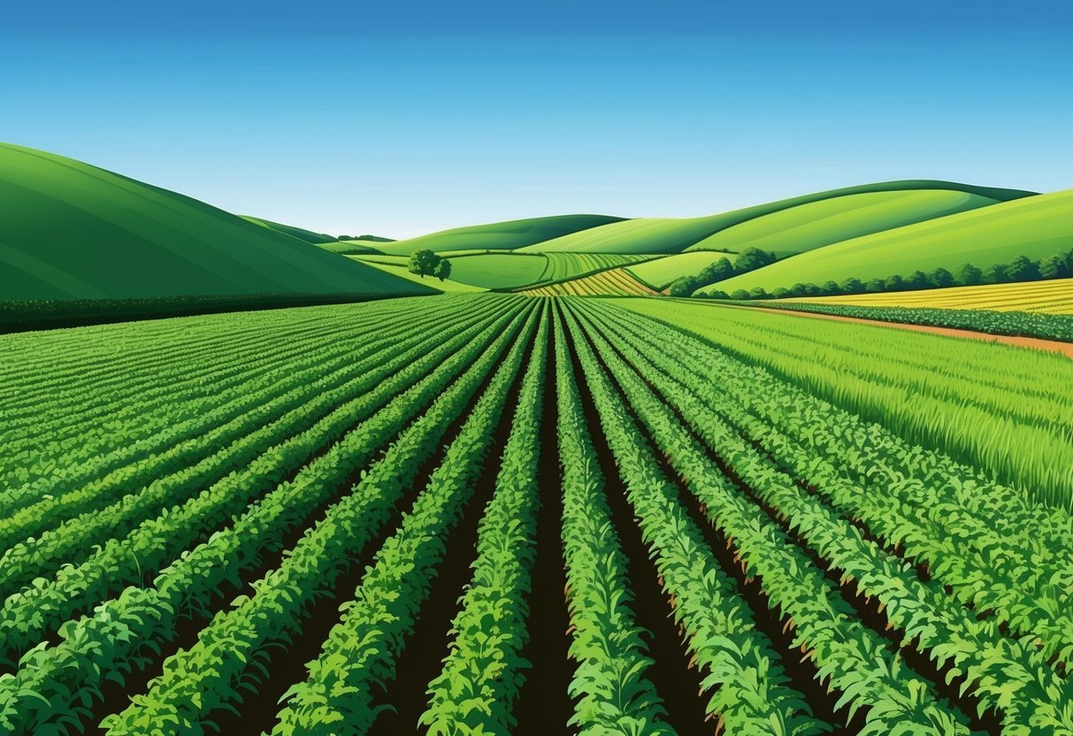 A lush green field with rows of crops stretching into the distance, bordered by rolling hills and a clear blue sky