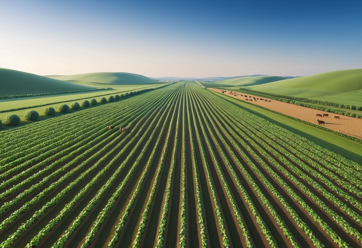 A vast expanse of fertile farmland stretches out under a clear blue sky, bordered by rolling hills and dotted with rows of crops and grazing livestock