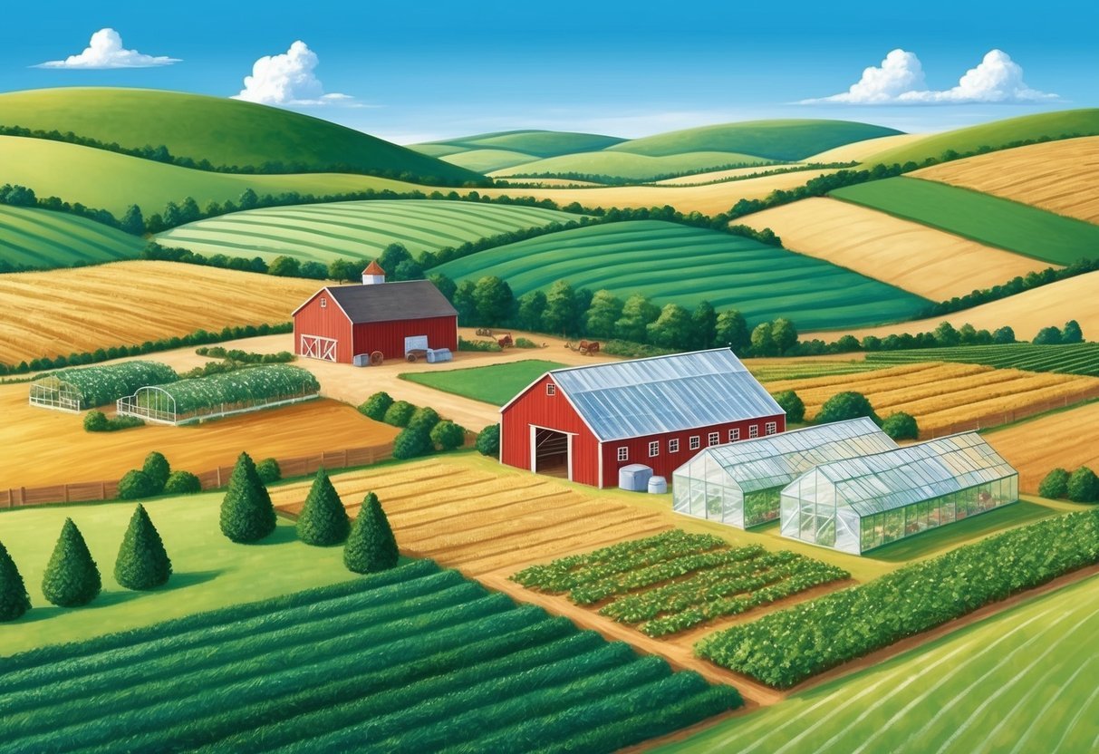 A rural landscape with fields, barns, and greenhouses surrounded by rolling hills and a clear blue sky