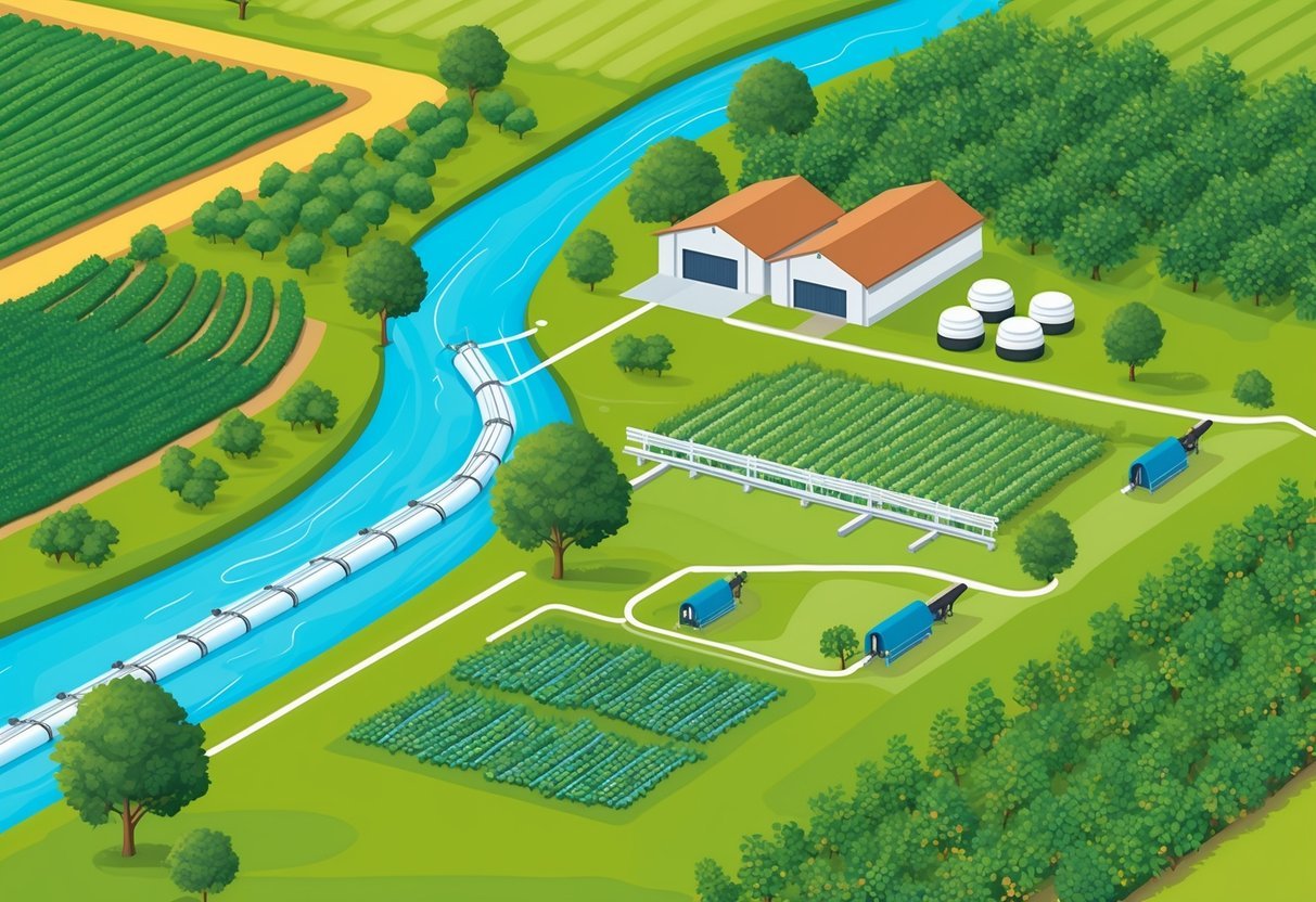 A lush green farm with a flowing river, surrounded by fields and orchards.</p><p>A modern irrigation system is visible, along with agricultural infrastructure