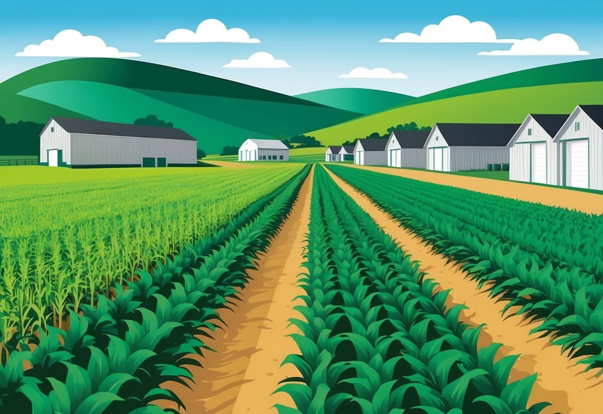 A lush green field of crops stretches out to meet a line of well-maintained farm buildings, surrounded by rolling hills and a clear blue sky