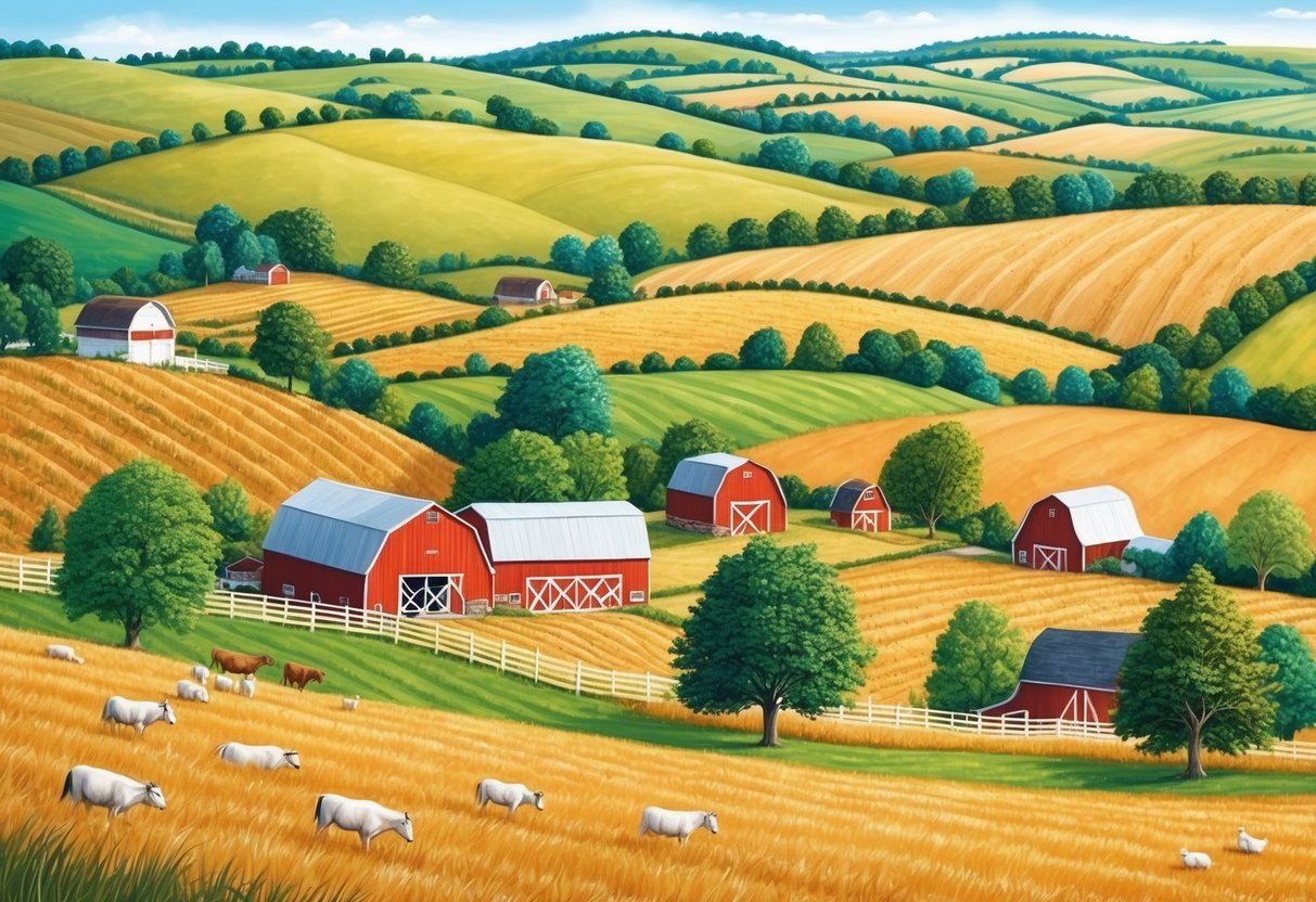 A rural landscape with farmland, barns, and rolling hills, surrounded by a peaceful and idyllic countryside