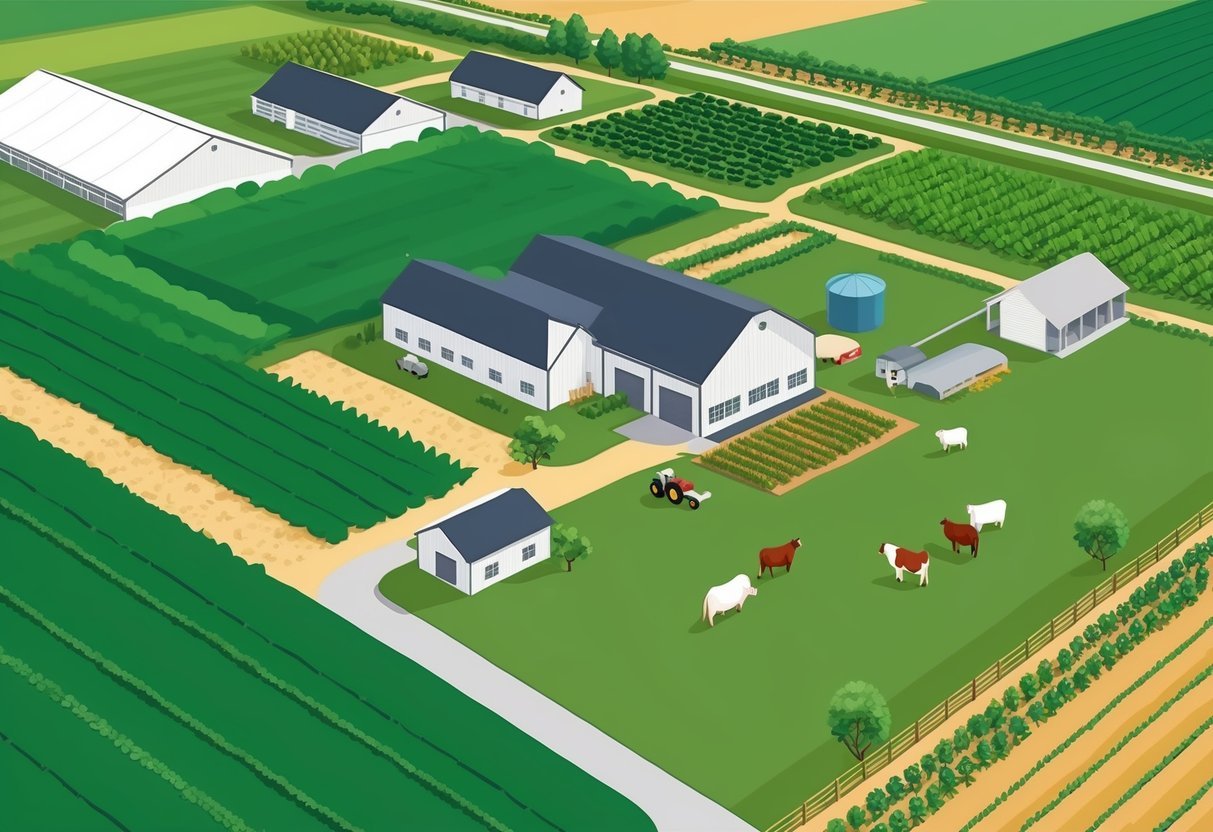 A lush green farm with rolling fields, crops, and livestock surrounded by agricultural real estate properties