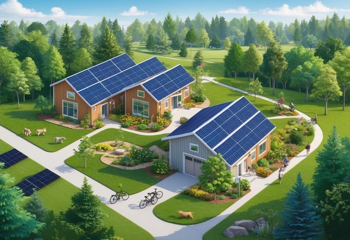 Houses with solar panels on roofs in a green, sustainable community