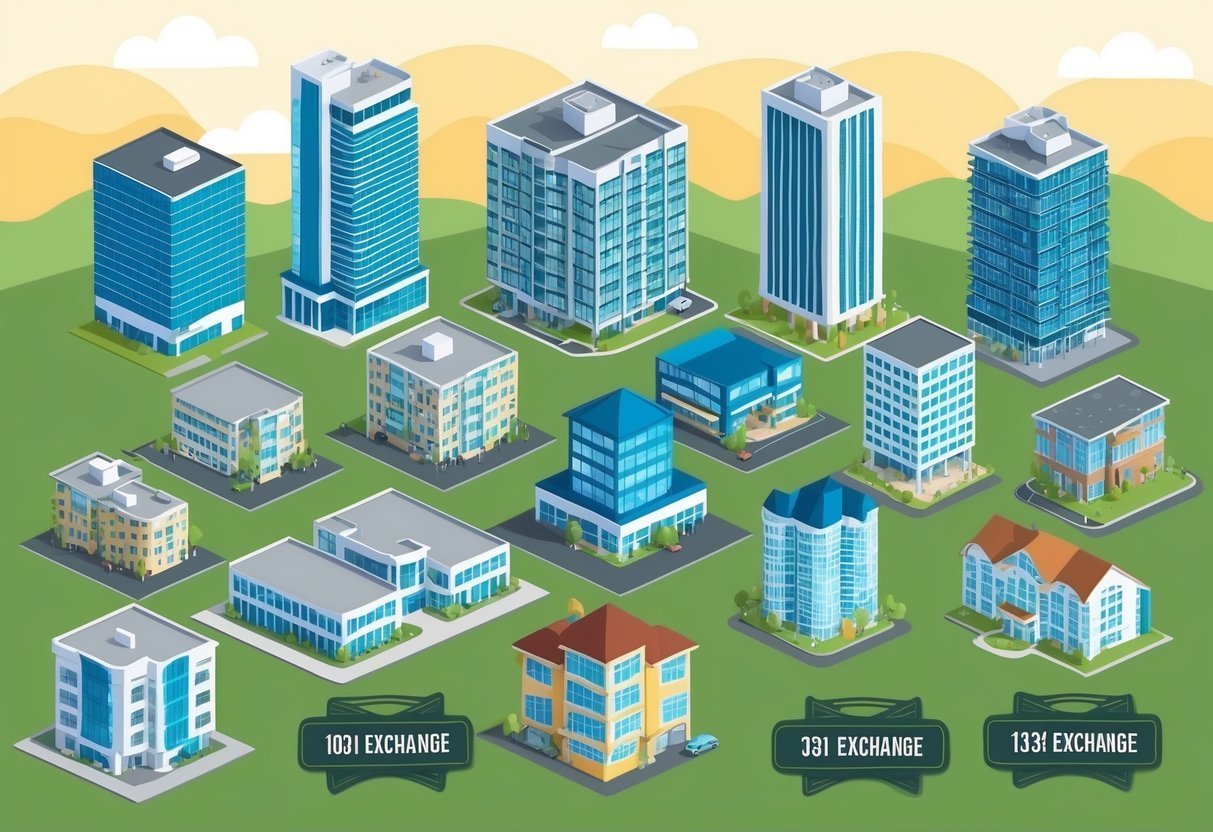 Isometric illustration of various buildings with "Exchange" labels