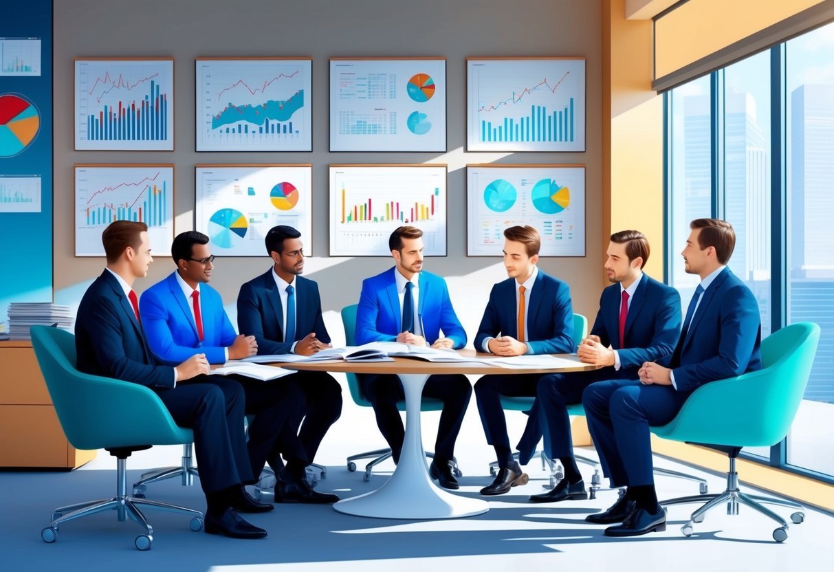 A group of brokers discussing investment strategies in a modern office setting with charts and graphs on the walls