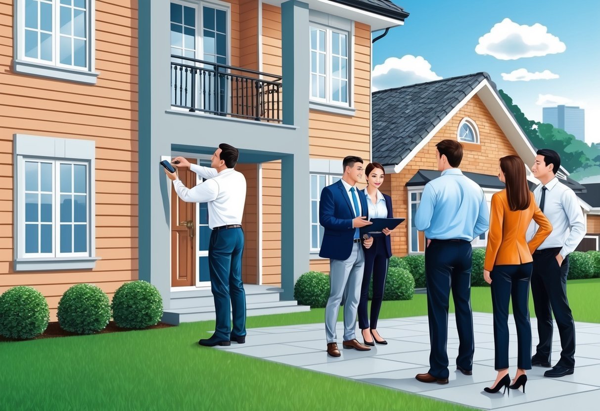 A property inspector examines a building exterior, while a real estate agent discusses investment strategies with a group of potential buyers