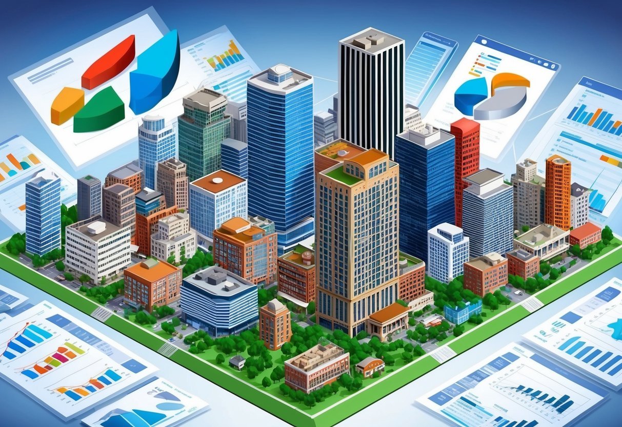 A bustling city skyline with various commercial and residential properties, surrounded by financial charts and graphs