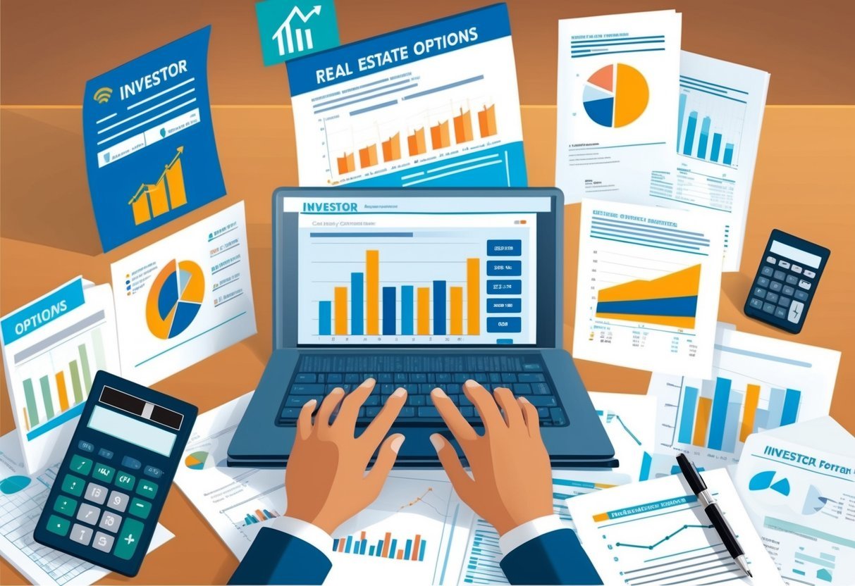 An investor reviewing real estate options, surrounded by charts, graphs, and tax documents, with a calculator and pen on the desk