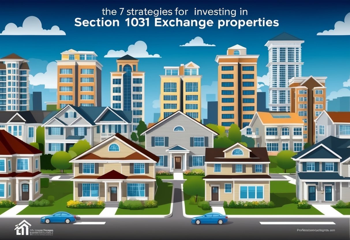 A bustling real estate market with various properties being exchanged, representing the 7 strategies for investing in Section 1031 exchange properties