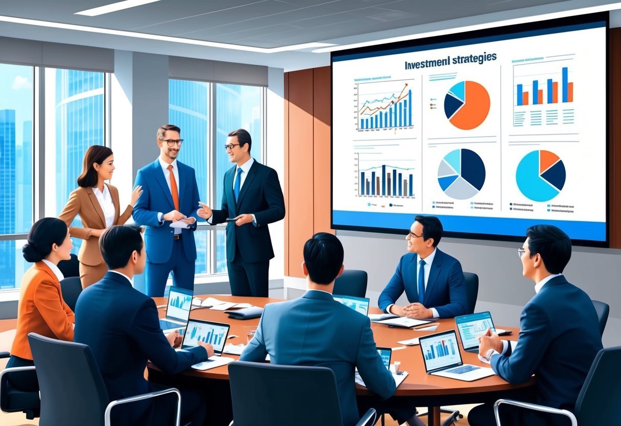 A group of people discussing investment strategies in a conference room, with charts and graphs displayed on a large screen