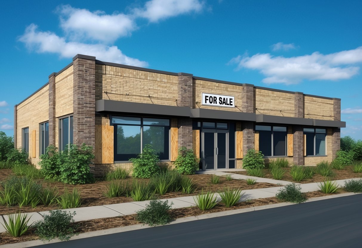 Brick building with "For Sale" sign, boarded windows, and landscaping