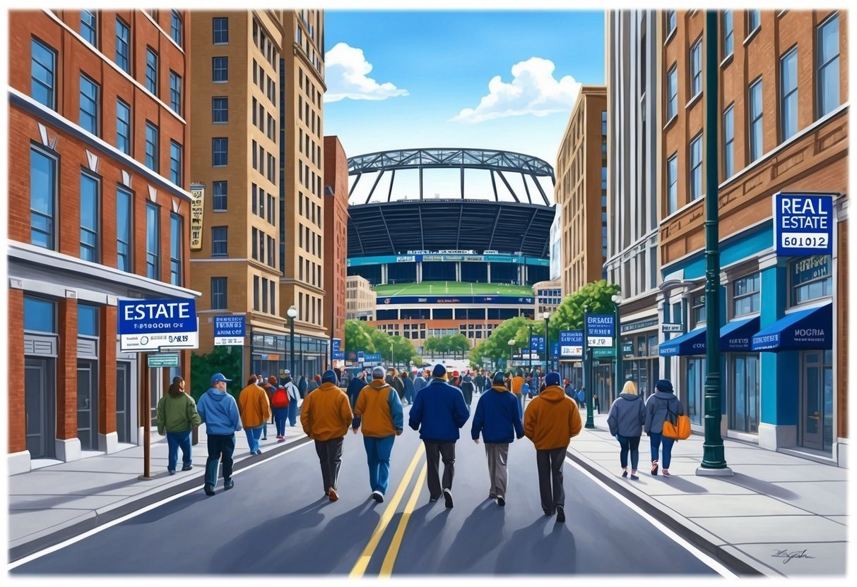 People walking towards a stadium down a city street lined with buildings