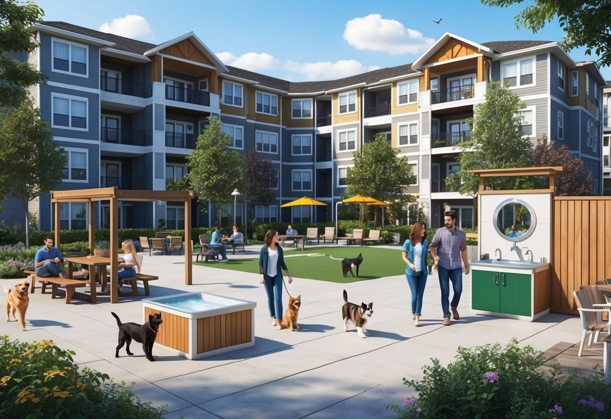 Apartment complex courtyard with people, dogs, and amenities like a hot tub