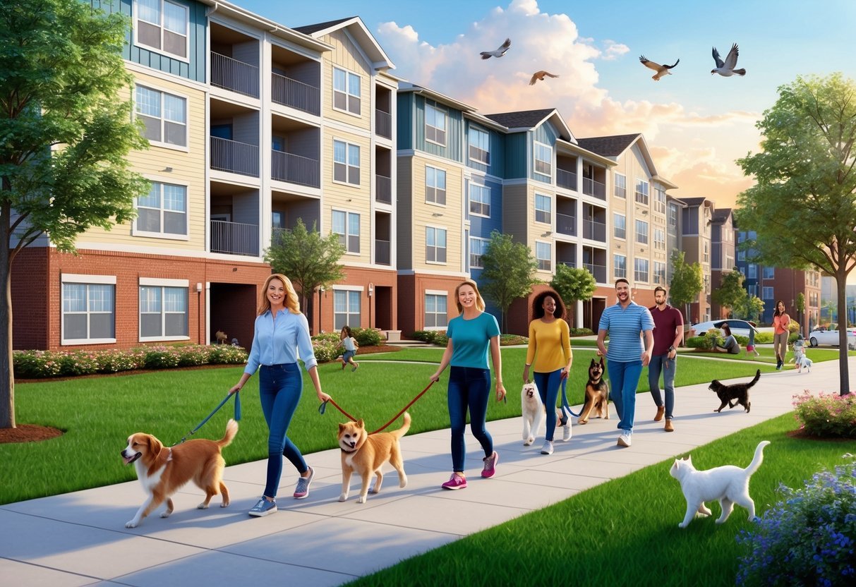 A bustling apartment complex with happy tenants walking dogs, playing with cats, and enjoying the pet-friendly amenities