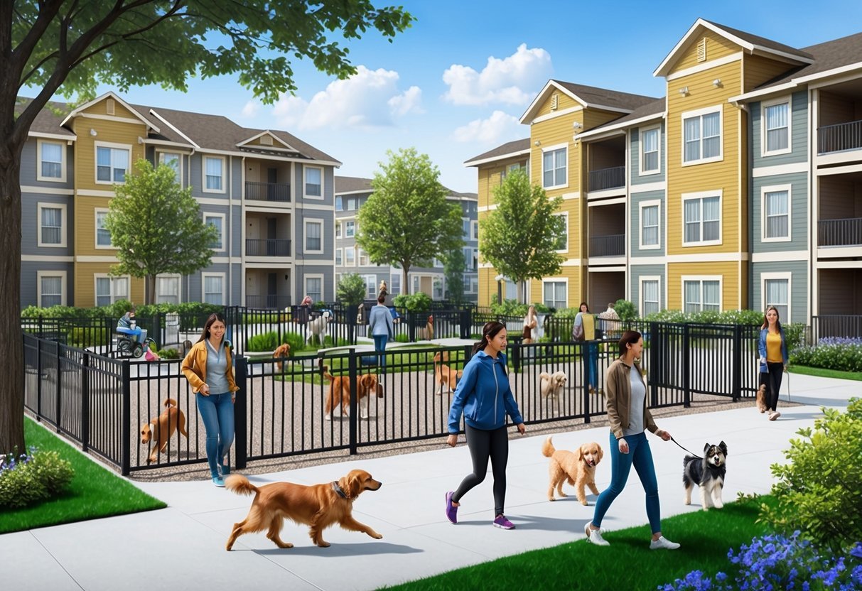 A bustling apartment complex with dogs playing in a fenced-in area, pet owners walking their furry companions, and a sign advertising pet-friendly amenities