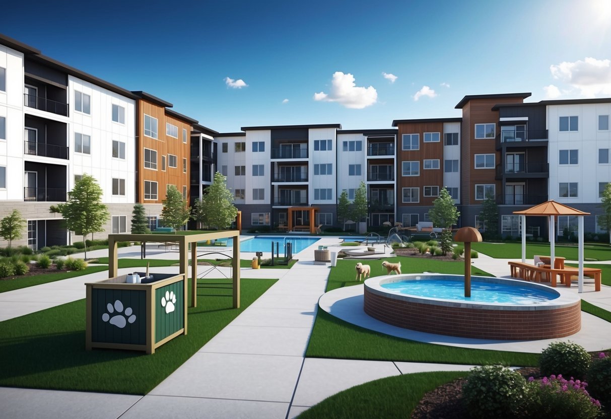 A spacious and modern apartment complex with pet-friendly amenities, including a designated dog park, pet washing station, and outdoor play area