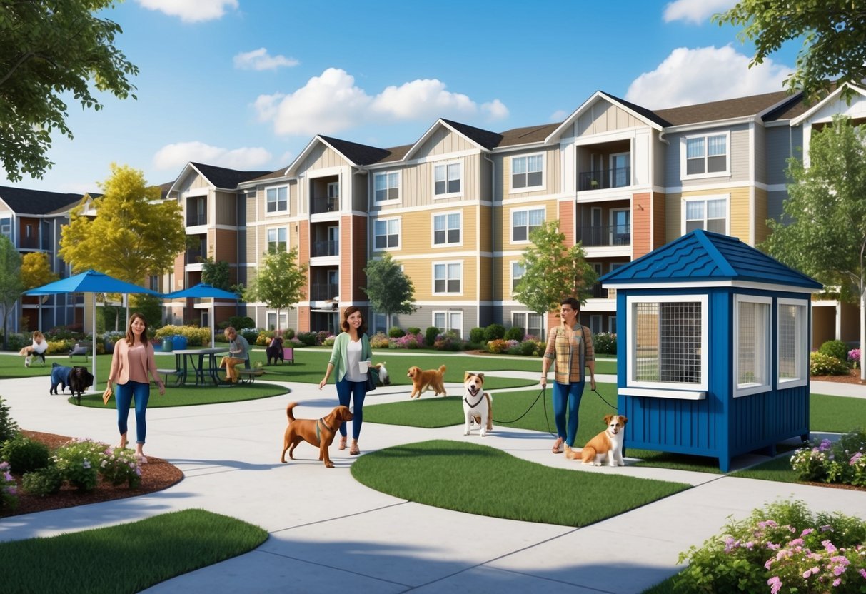 A bustling apartment complex with happy pets and their owners enjoying outdoor amenities like a dog park, pet washing station, and pet-friendly walking paths