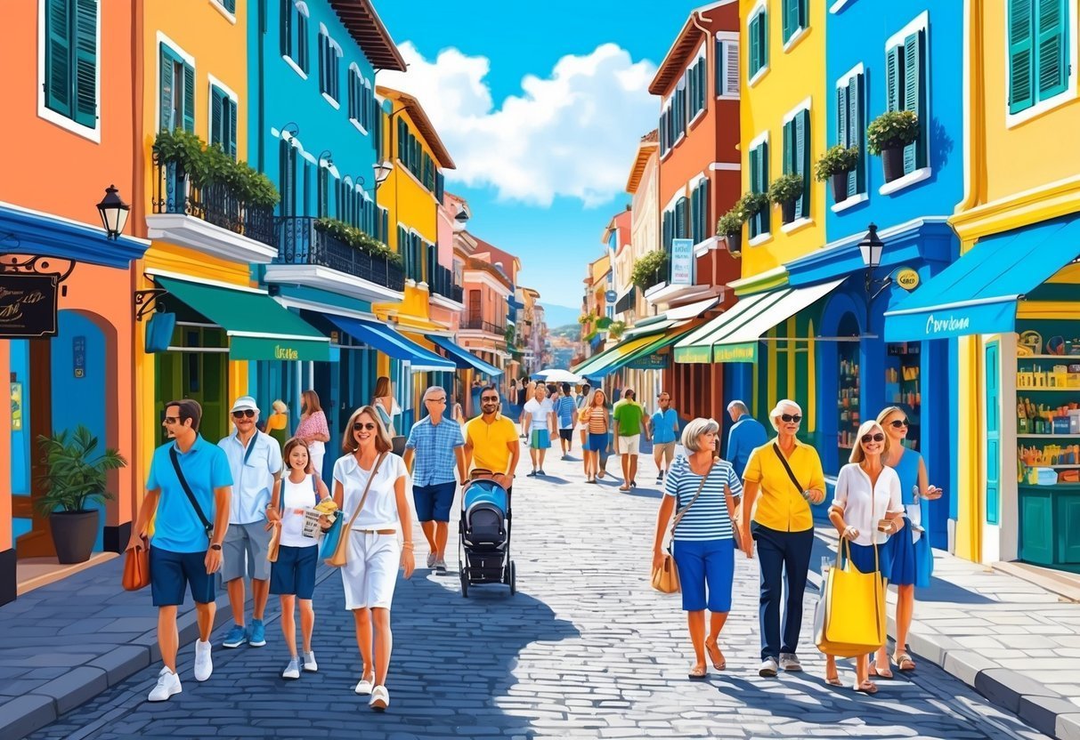 People stroll down a colorful street lined with shops and buildings