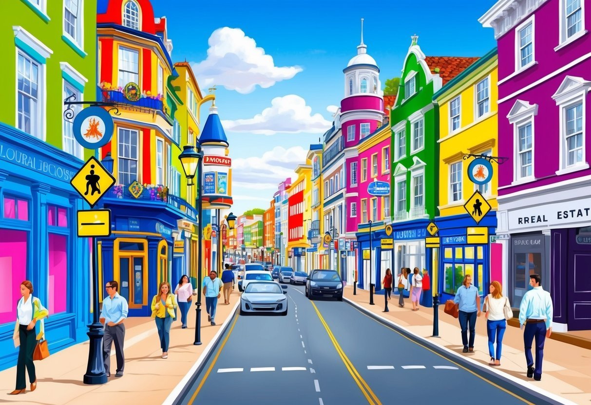 A bustling city street with colorful buildings, tourist attractions, and signs displaying local regulations.</p><p>Tourists and locals navigate the area, and real estate properties line the street