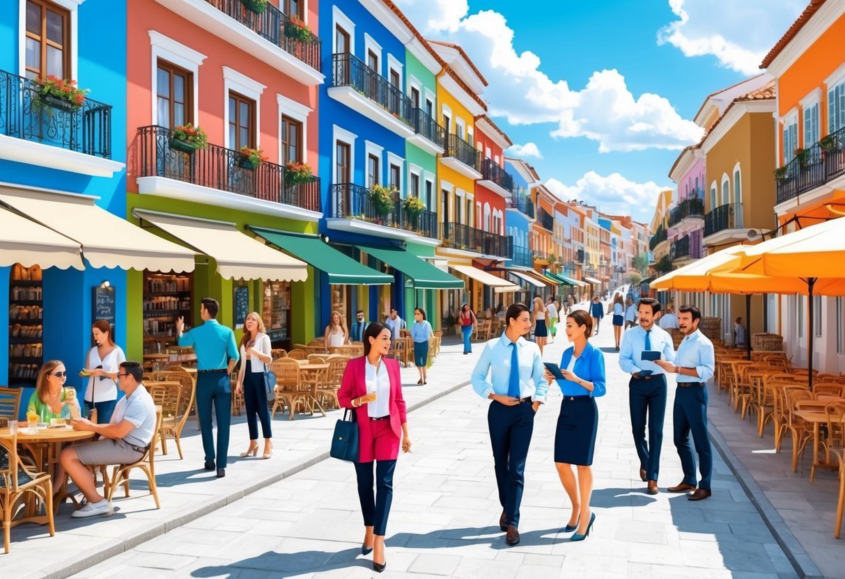 A bustling street in a high-tourist destination, lined with colorful buildings, outdoor cafes, and souvenir shops.</p><p>Tourists are seen exploring and taking photos, while real estate agents and property investors are engaged in discussions