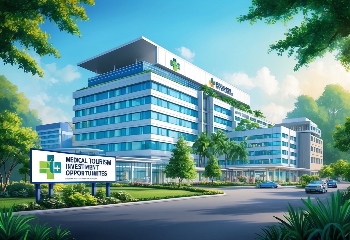 Modern hospital building with a sign promoting medical tourism investment