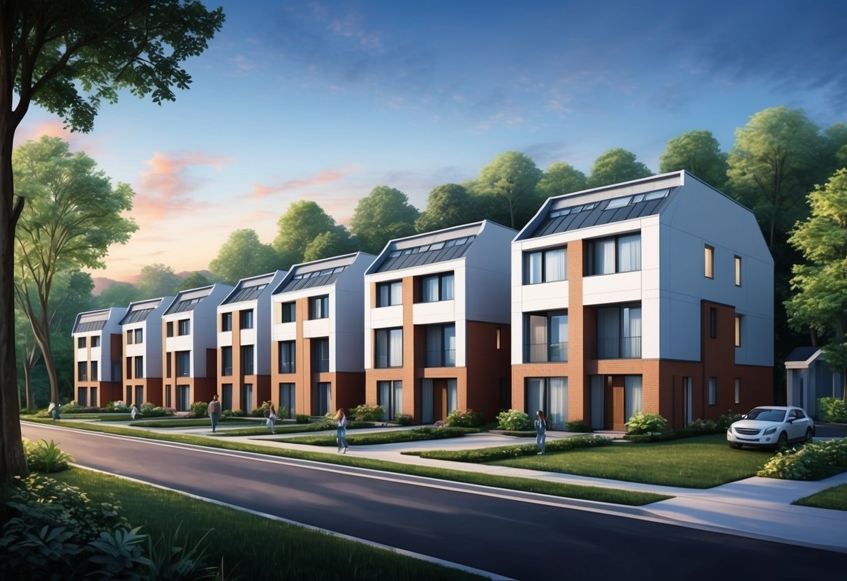 A row of modern housing units nestled in a tranquil setting, surrounded by lush greenery and with easy access to medical facilities