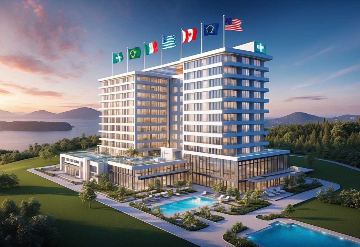 A modern medical facility with international flags, luxury accommodations, scenic views, and state-of-the-art equipment for medical tourism real estate