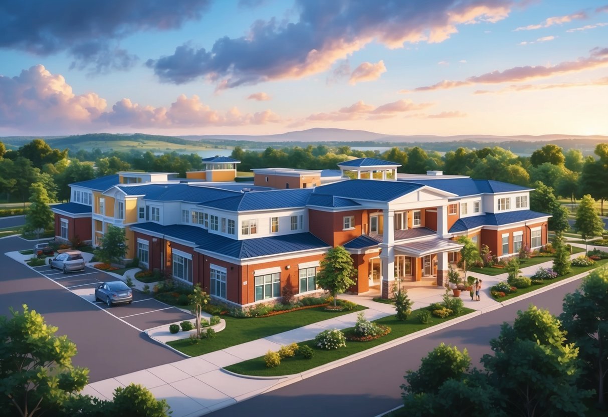 A bustling senior living community with modern amenities and medical facilities, surrounded by lush greenery and scenic views