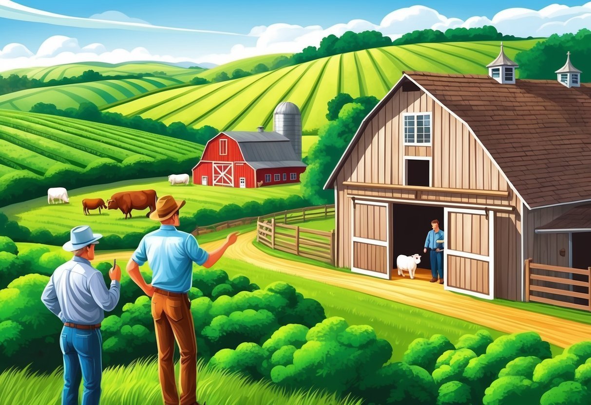 Two men on a farm, looking at barns, fields, and livestock