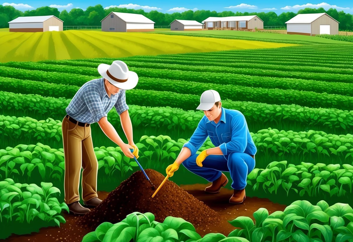 A farmer testing soil quality with a soil probe in a lush green field surrounded by agricultural real estate properties