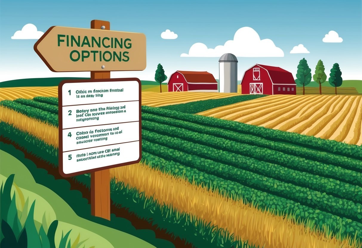 Agricultural land surrounded by fields and farm buildings, with a signpost listing financing options and steps for investing