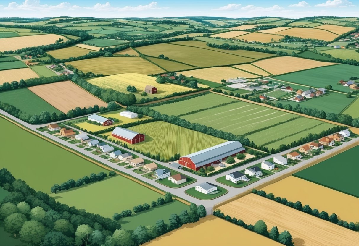 A rural landscape with fields, barns, and farmland, surrounded by a mix of residential and commercial properties, all governed by zoning laws